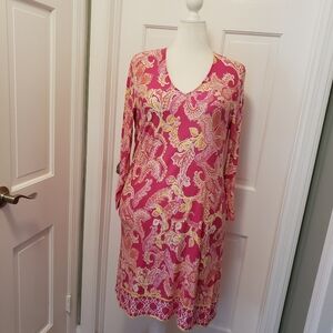 Pappagallo L Pink Floral Paisley Stretchy Knit Dress, Colorful Preppy RESORTWEAR